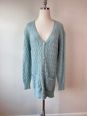 Button Up Cardigan Sweater Light Blue Cable Knit V Neck size Small Preppy
